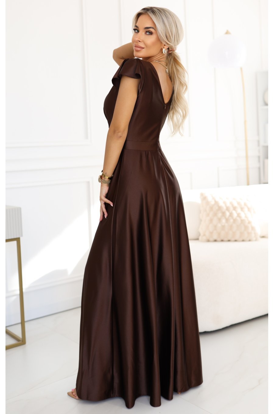 Rochie lunga din satin maro ciocolata Cristaliza 2 - jojofashion.ro