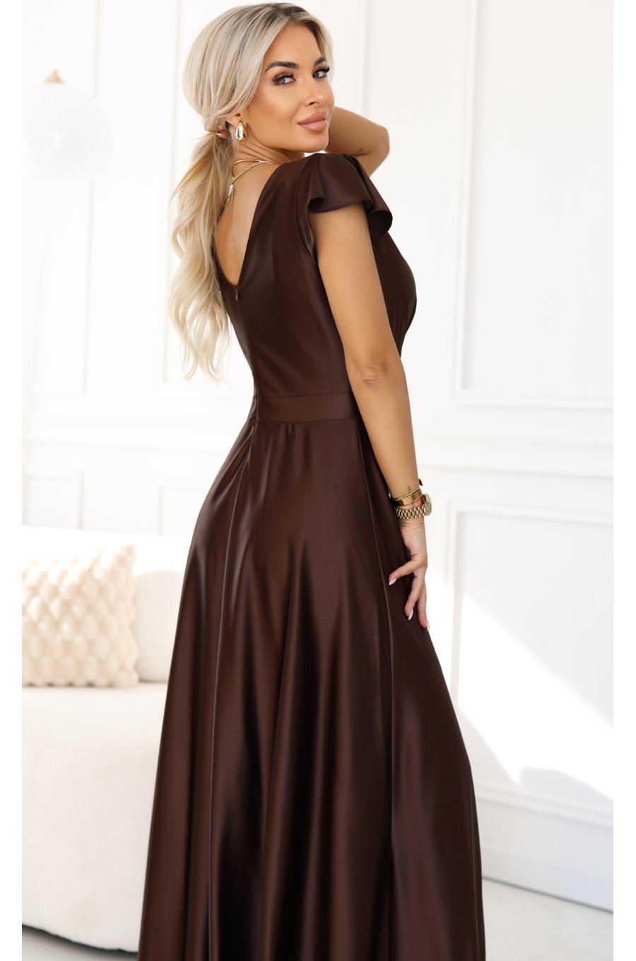 Rochie lunga din satin maro ciocolata Cristaliza 4 - jojofashion.ro
