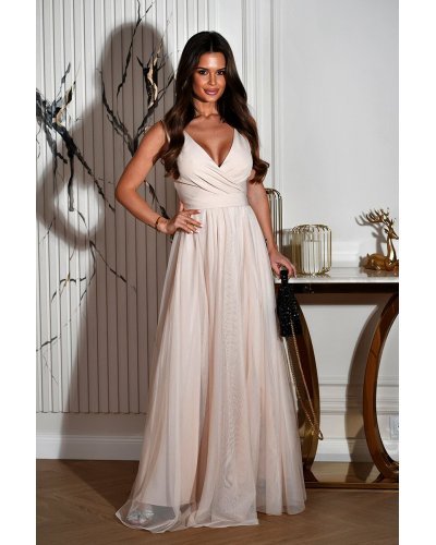 Rochie lunga din tul si vascoza bej, vaporoasa, Andreea Rochii, Rochie lunga din tul si vascoza bej, vaporoasa, Andreea - jojofashion.ro