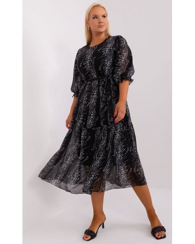 Rochie midi neagra cu print alb Dianna Rochii de zi, Rochie midi neagra cu print alb Dianna - jojofashion.ro