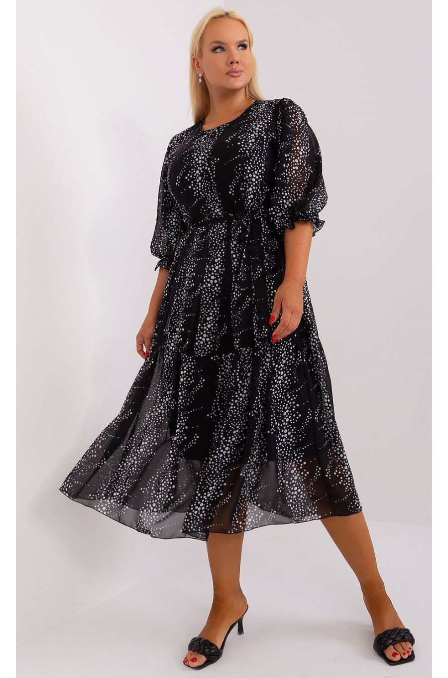 Rochie midi neagra cu print alb Dianna 1 - jojofashion.ro