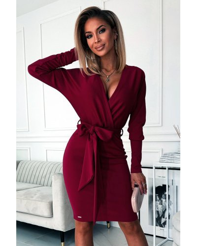 Rochie midi burgundy, mulata, cu maneca lunga, petrecuta, Cathy Rochii de zi, Rochie midi burgundy, mulata, cu maneca lunga, petrecuta, Cathy - jojofashion.ro