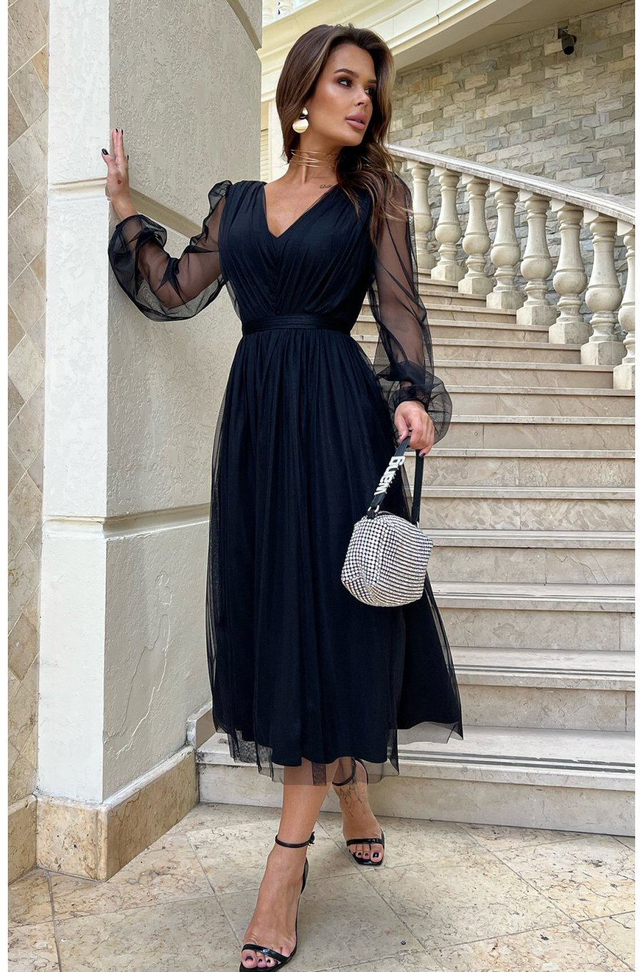 Rochie midi eleganta neagra din tul cu glitter evazata cu maneca lunga Petra 3 - jojofashion.ro