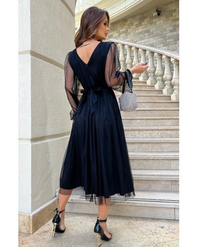 Rochie midi eleganta neagra din tul cu glitter evazata cu maneca lunga Petra Rochii de Ocazie Elegante, Rochie midi eleganta neagra din tul cu glitter evazata cu maneca lunga Petra - jojofashion.ro