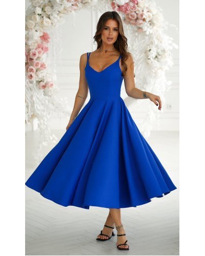 Rochie midi in clos albastra cu umerii goi vaporoasa Fabiola Rochii de zi, Rochie midi in clos albastra cu umerii goi vaporoasa Fabiola - jojofashion.ro