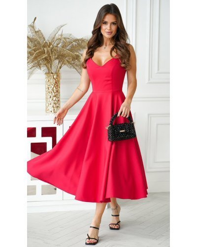 Rochie rosie vaporoasa cu umerii goi Fabiola Rochii rosii, Rochie rosie vaporoasa cu umerii goi Fabiola - jojofashion.ro