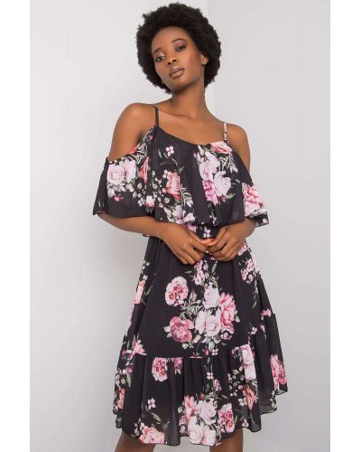 Rochie midi neagra cu flori roz cu volane si umeri goi Janett Rochii de zi, Rochie midi neagra cu flori roz cu volane si umeri goi Janett - jojofashion.ro