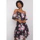 Rochie midi neagra cu flori roz cu volane si umeri goi Janett 2 - jojofashion.ro