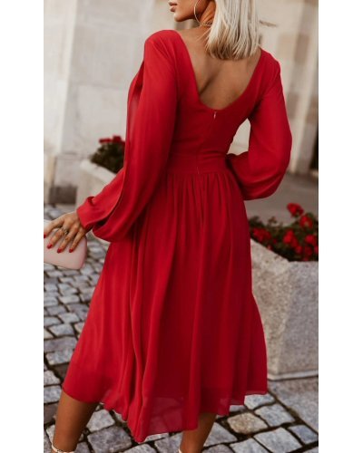 Rochie rosie midi din voal vaporoasa cu maneca lunga Melen Rochii rosii, Rochie rosie midi din voal vaporoasa cu maneca lunga Melen - jojofashion.ro