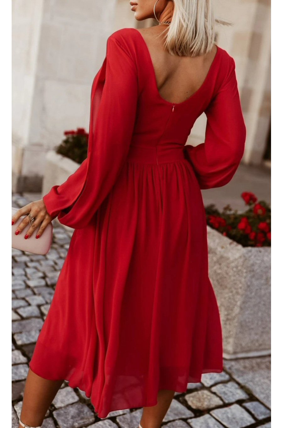 Rochie rosie midi din voal vaporoasa cu maneca lunga Melen 2 - jojofashion.ro