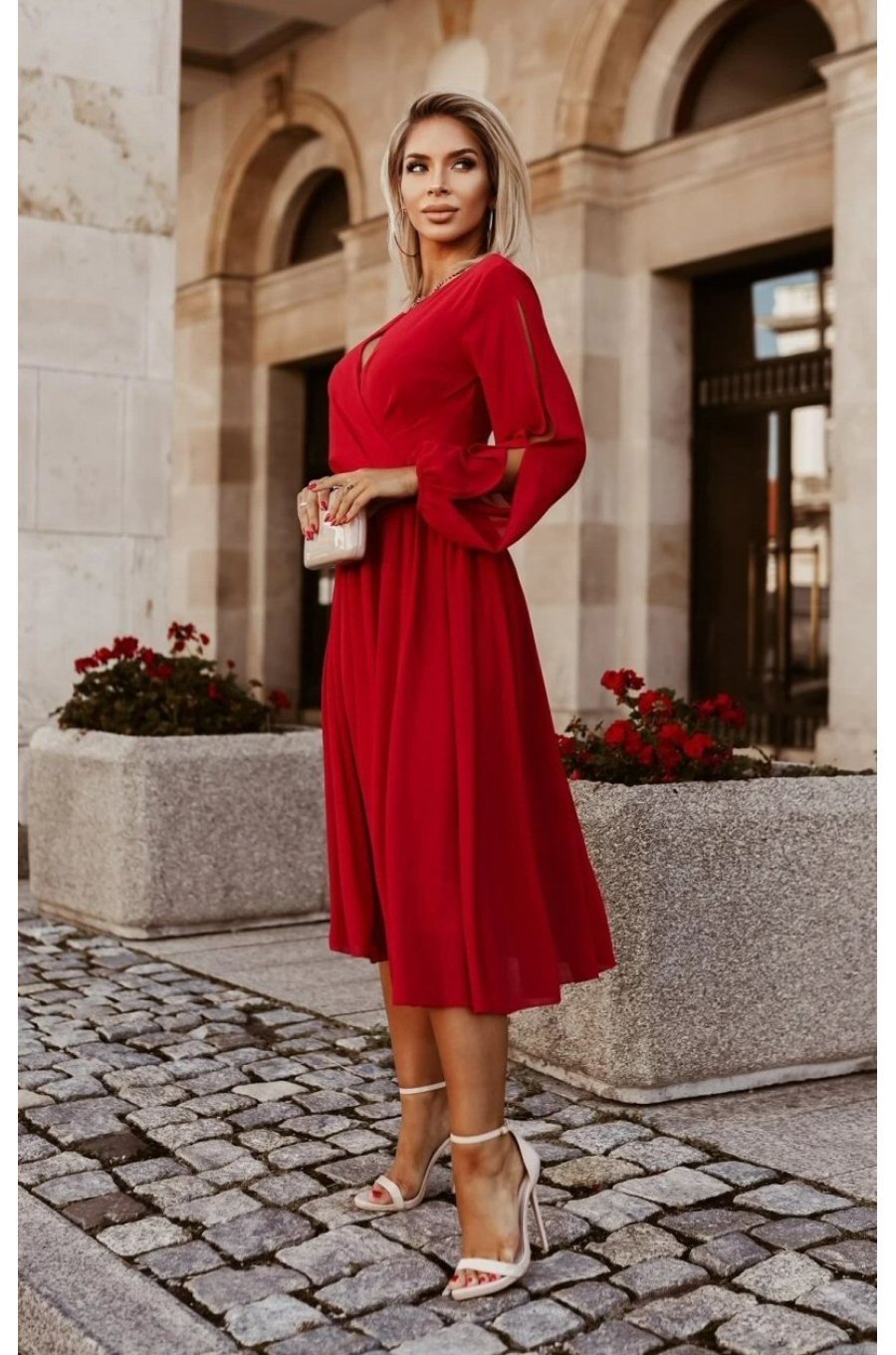 Rochie rosie midi din voal vaporoasa cu maneca lunga Melen 3 - jojofashion.ro