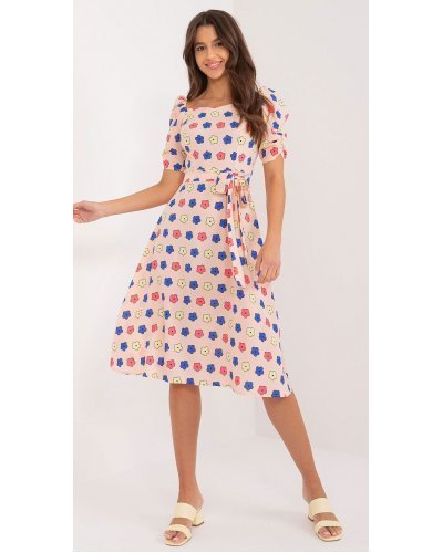 Rochie roz nude cu floricele, cu maneca trei sferturi Arissa Rochii de vara, Rochie roz nude cu floricele, cu maneca trei sferturi Arissa - jojofashion.ro