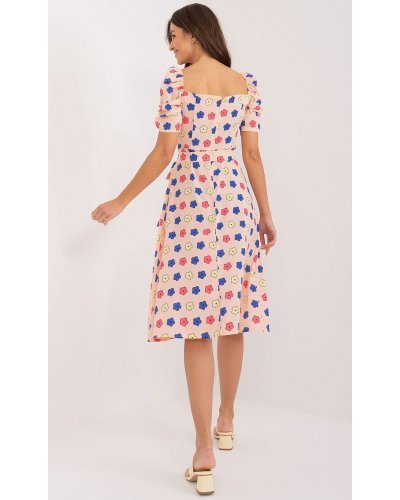 Rochie roz nude cu floricele, cu maneca trei sferturi Arissa Rochii de vara, Rochie roz nude cu floricele, cu maneca trei sferturi Arissa - jojofashion.ro