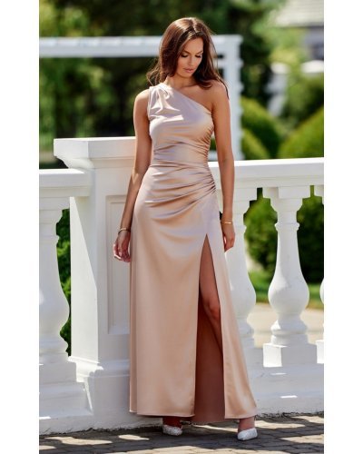 Rochii satin, Rochie mulata lunga satin bej Inez - jojofashion.ro