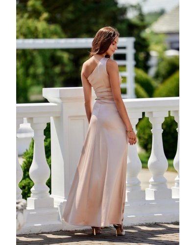 Rochii satin, Rochie mulata lunga satin bej Inez - jojofashion.ro