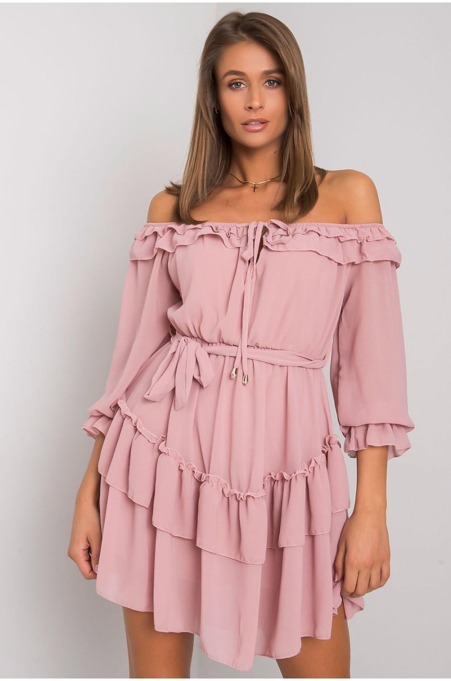 Rochie babydoll roz pal cu volane vaporoasa Demyra 1 - jojofashion.ro