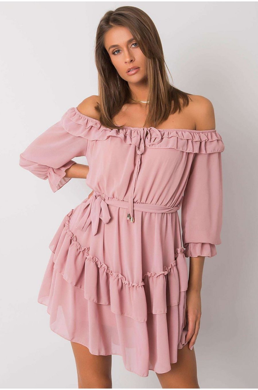 Rochie babydoll roz pal cu volane vaporoasa Demyra 3 - jojofashion.ro