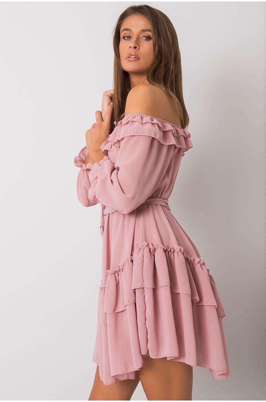 Rochie babydoll roz pal cu volane vaporoasa Demyra 2 - jojofashion.ro