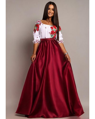 Rochii fabricate in Romania, Rochie traditionala lunga tafta burgundy cu maci rosii Anna - jojofashion.ro