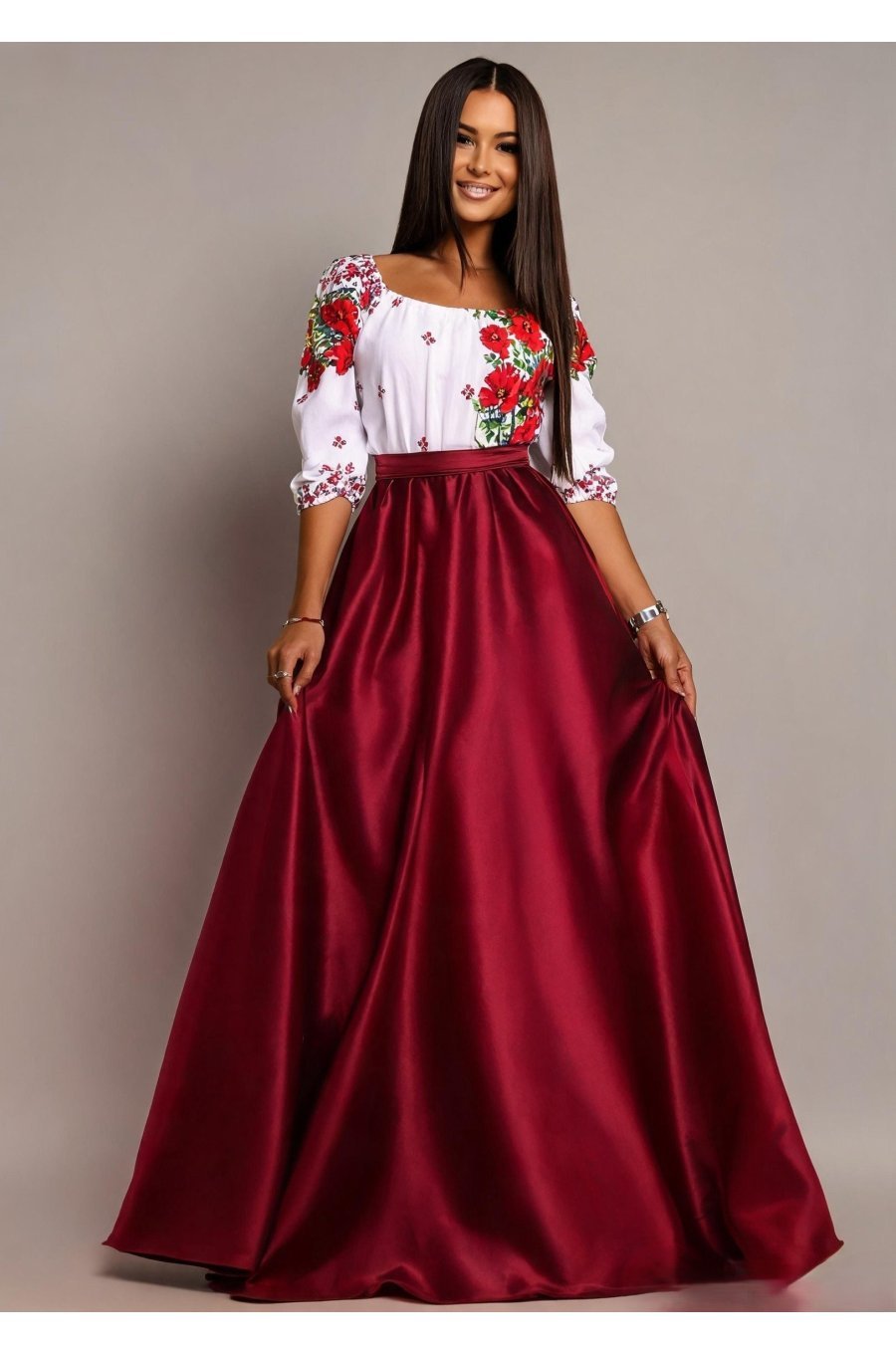 Rochie traditionala lunga tafta burgundy cu maci rosii Anna 1 - jojofashion.ro