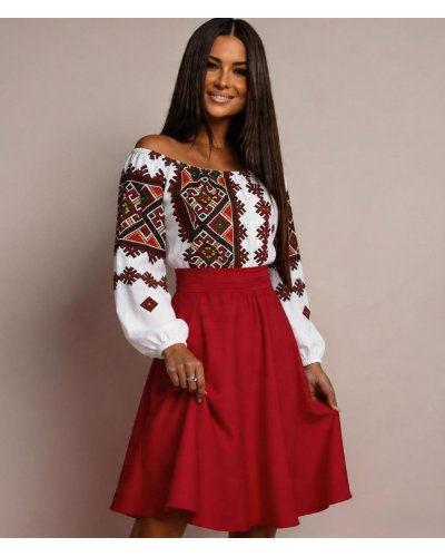 Rochii tafta, Rochie traditionala midi, tafta rosie, cu maneca lunga, Korina - jojofashion.ro