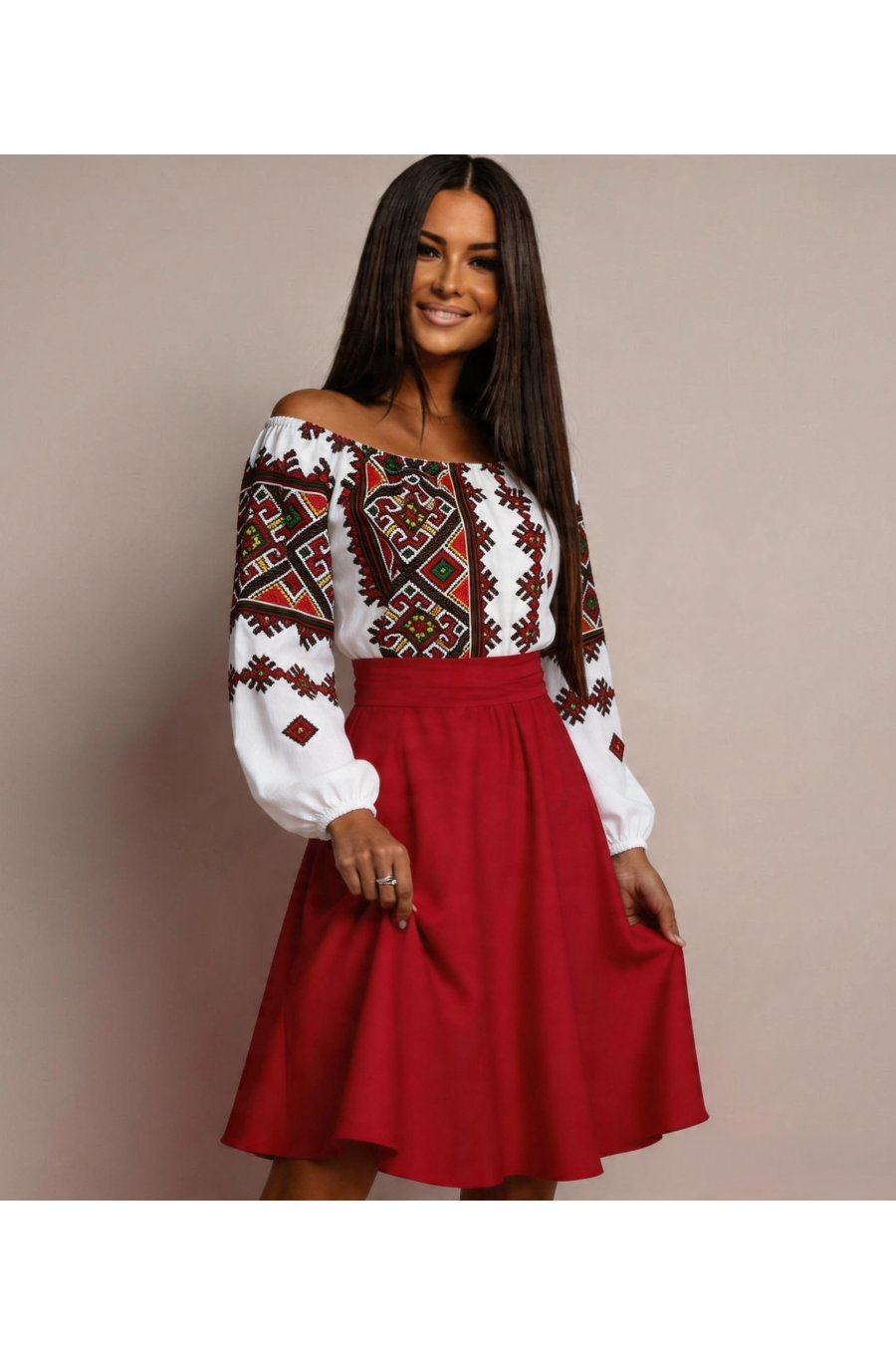 Rochie traditionala midi, tafta rosie, cu maneca lunga, Korina 1 - jojofashion.ro