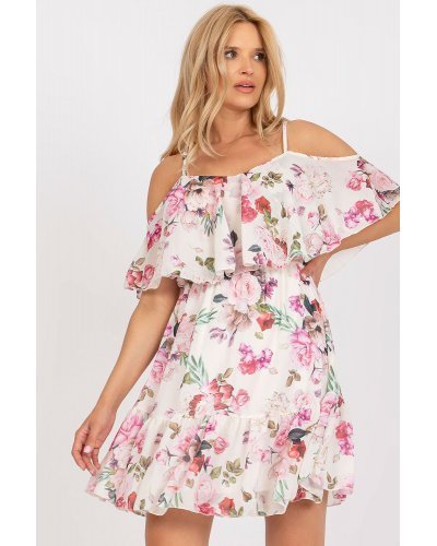 Rochie scurta bej flori cu multicolore cu volane si umeri goi Janett1 Rochii de vara, Rochie scurta bej flori cu multicolore cu volane si umeri goi Janett1 - jojofashion.ro