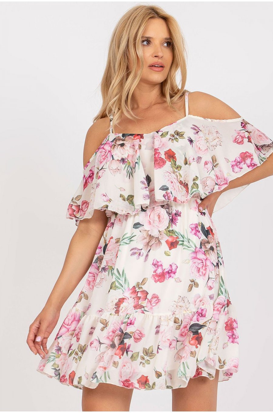 Rochie scurta bej flori cu multicolore cu volane si umeri goi Janett1 1 - jojofashion.ro