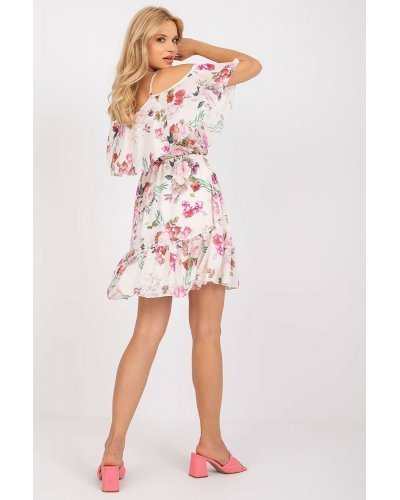 Rochie scurta bej flori cu multicolore cu volane si umeri goi Janett1 Rochii de vara, Rochie scurta bej flori cu multicolore cu volane si umeri goi Janett1 - jojofashion.ro