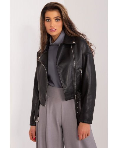 Geaca dama biker scurta, din piele eco, neagra, cu fermoar si catarama, Rohana Geci dama, Geaca dama biker scurta, din piele eco, neagra, cu fermoar si catarama, Rohana - jojofashion.ro