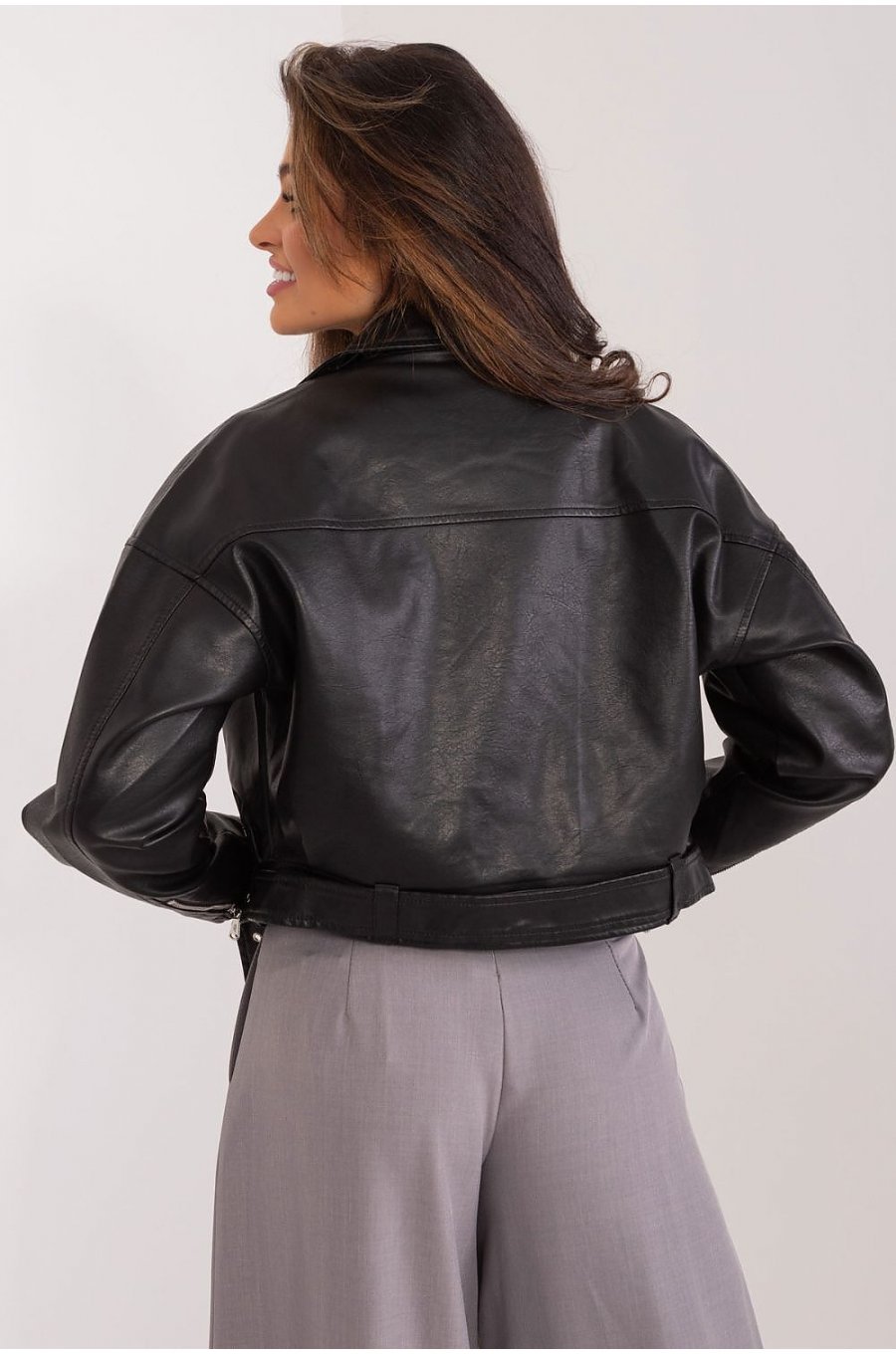 Geaca dama biker scurta, din piele eco, neagra, cu fermoar si catarama, Rohana 3 - jojofashion.ro