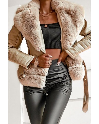 Geaca dama de iarna piele eco cu blanita bej Paris Geci dama, Geaca dama de iarna piele eco cu blanita bej Paris - jojofashion.ro