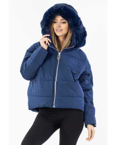 Geaca dama iarna bleumarin cu gluga si blana eco Katya Geaca dama iarna bleumarin cu gluga si blana eco Katya - jojofashion.ro