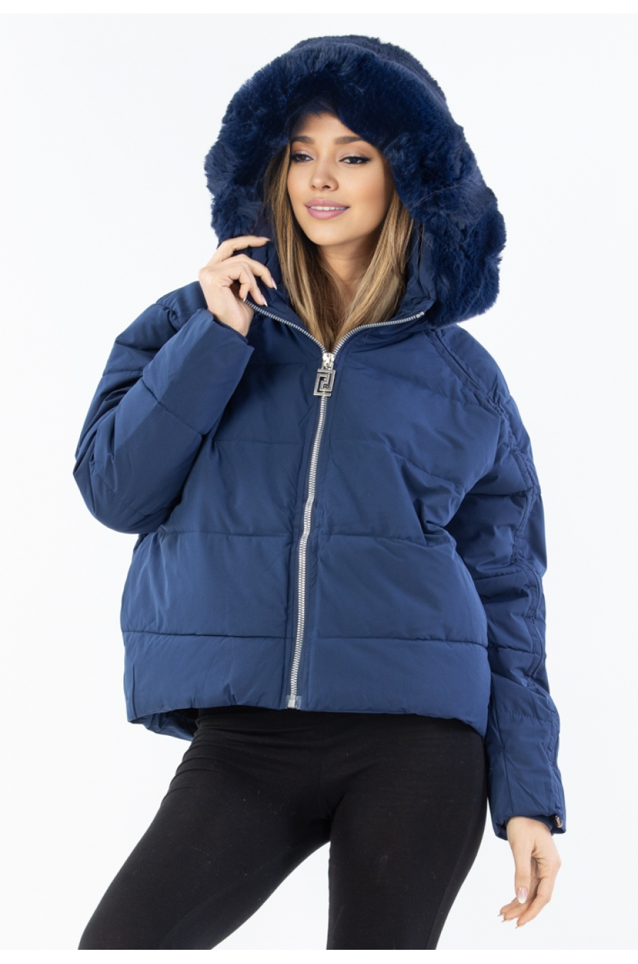 Geaca dama iarna bleumarin cu gluga si blana eco Katya 1 - jojofashion.ro