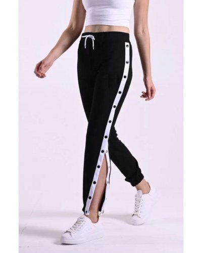 Pantaloni trening dama, negri cu dunga alba, din bumbac, cu capse pe picior, Leah - jojofashion.ro