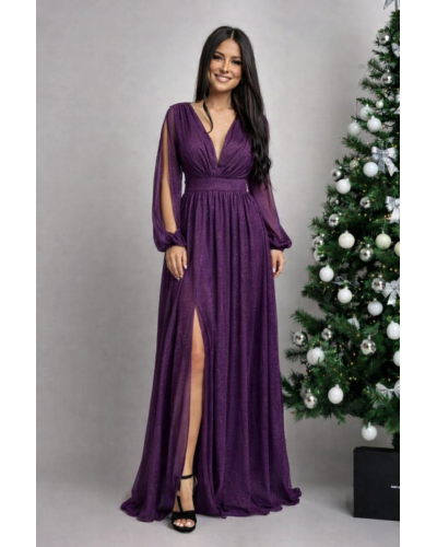 Rochii vaporoase, Rochie lunga vaporoasa mov cu maneca lunga Carolina - jojofashion.ro