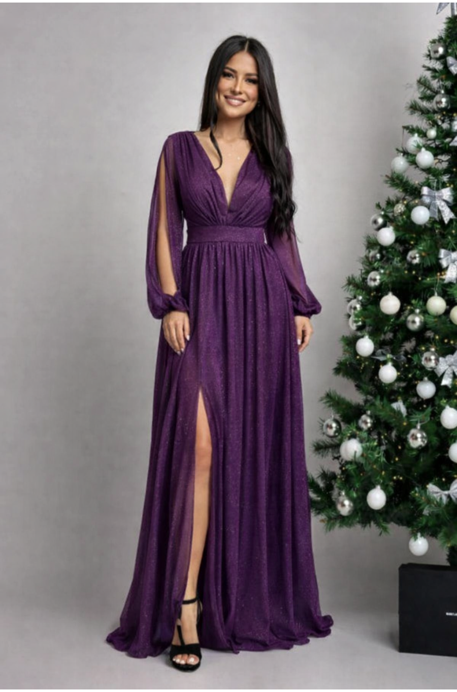 Rochie lunga vaporoasa mov cu maneca lunga Carolina 1 - jojofashion.ro