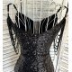 Rochie de seara, scurta, din paiete, neagra, cu margele, April 5 - jojofashion.ro