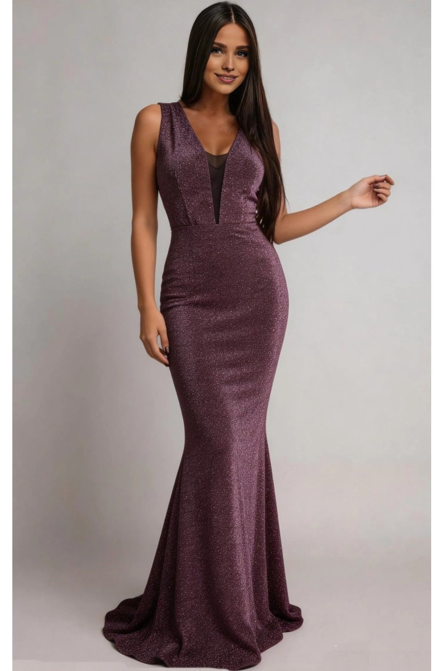 Rochie eleganta lunga lurex roz prafuit, sirena, Isra 1 - jojofashion.ro