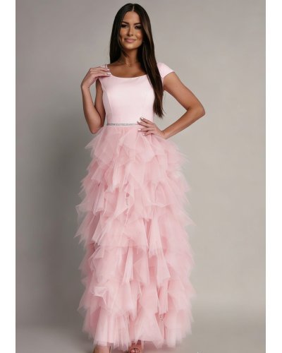 Rochie lunga cu pene din tul roz pal Dana - jojofashion.ro