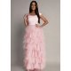 Rochie lunga cu pene din tul roz pal Dana 2 - jojofashion.ro