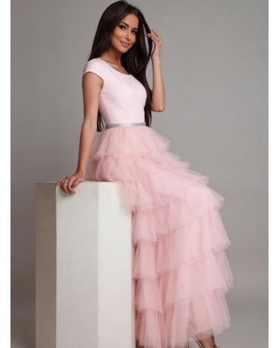 Rochie lunga cu pene din tul roz pal Dana - jojofashion.ro