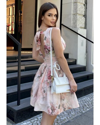 Rochie scurta roz pastelat cu flori multicolore Clarisa Rochii cununie civila, Rochie scurta roz pastelat cu flori multicolore Clarisa - jojofashion.ro