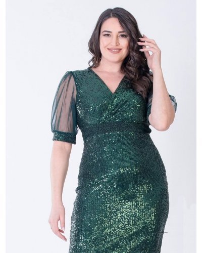Rochii de Ocazie Elegante, Rochie midi verde din paiete Elif - jojofashion.ro