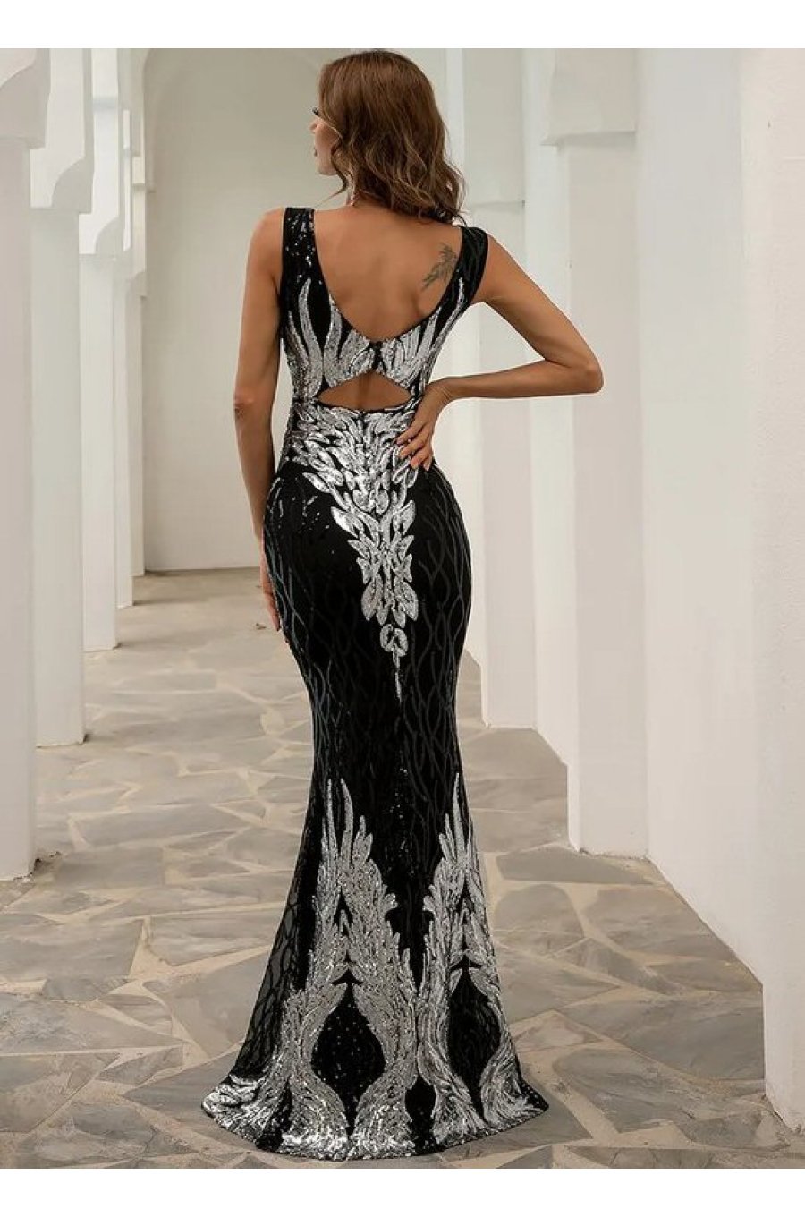 Rochie lunga neagra mulata cu paiete argintii PrincessBatal  3 - jojofashion.ro