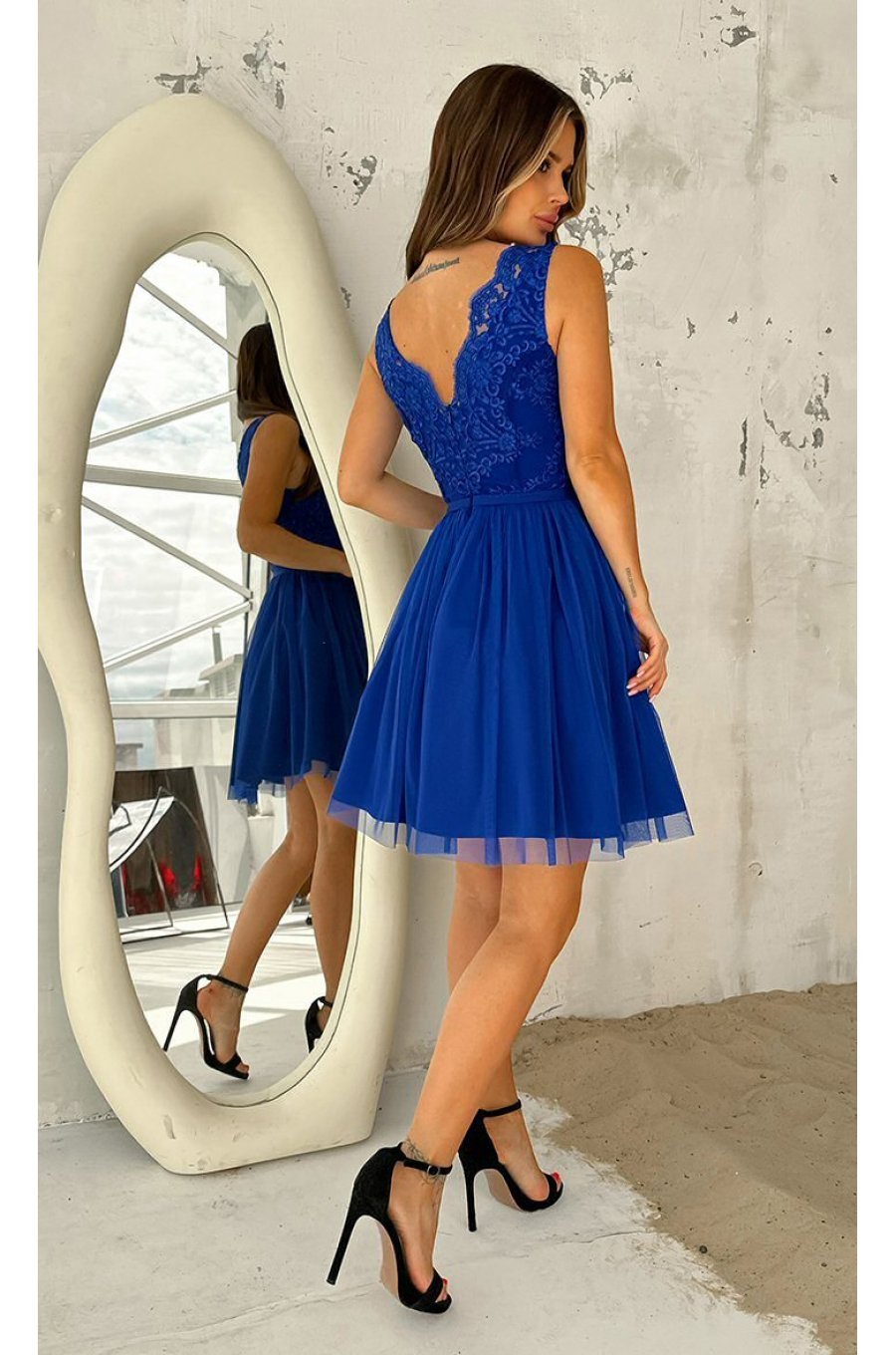 Rochie scurta albastra cu tul si broderie Ecaterina 2 - jojofashion.ro
