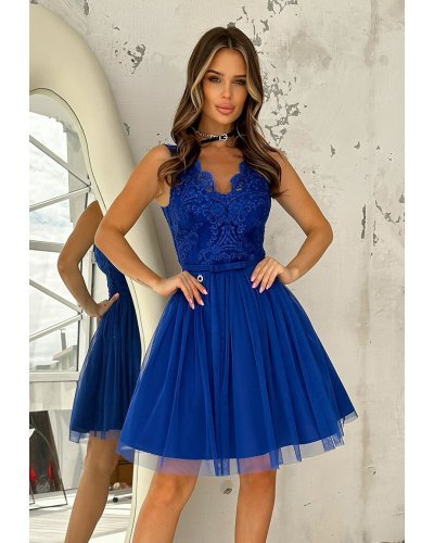 Rochie scurta albastra cu tul si broderie Ecaterina Rochii scurte, Rochie scurta albastra cu tul si broderie Ecaterina - jojofashion.ro