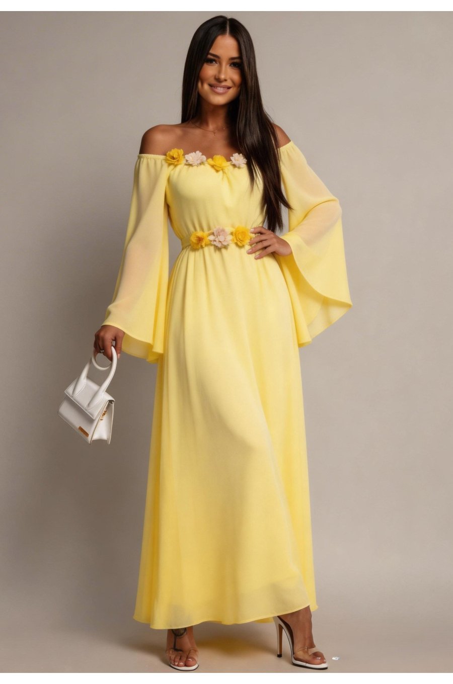 Rochie lunga galbena din voal vaporoasa AngelD 1 - jojofashion.ro