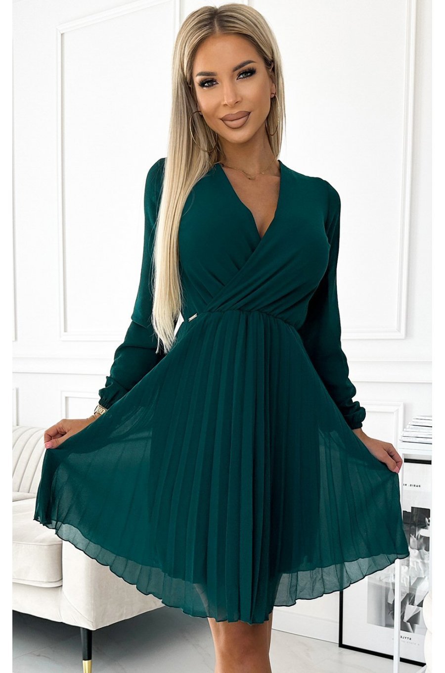 Rochie scurta eleganta verde plisata fluida Lisa 1 - jojofashion.ro