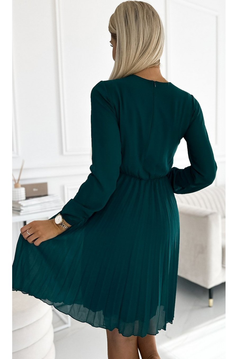 Rochie scurta eleganta verde plisata fluida Lisa 2 - jojofashion.ro